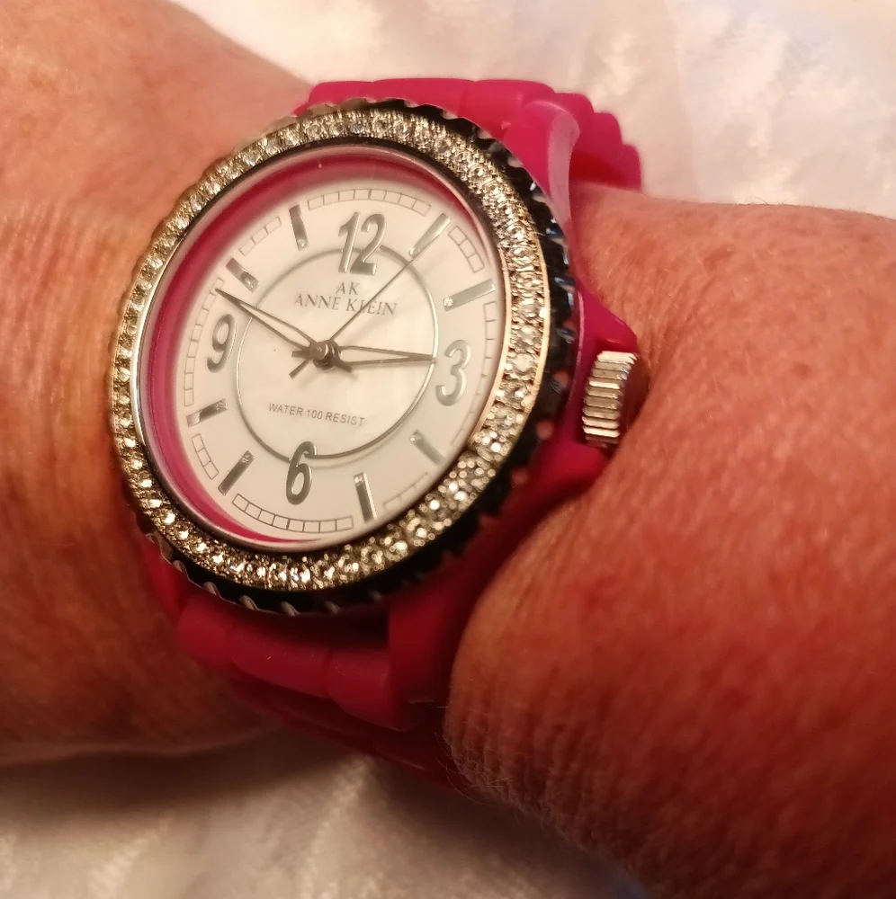 Anne Klein rhinestone pink water resistant rubber material band sporty